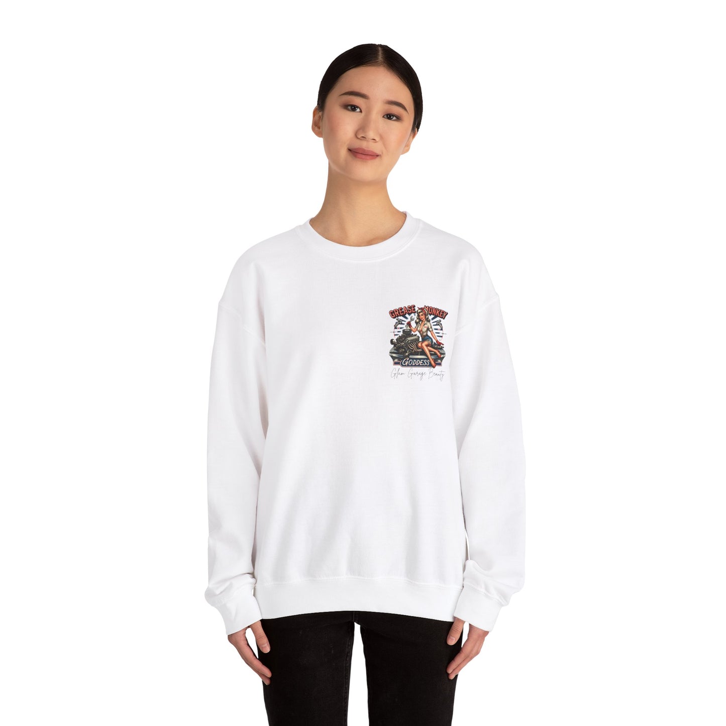 Grease Monkey Goddess Crewneck Sweatshirt - Vintage Automotive Apparel